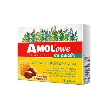 AMOLowe na gardlo /Ziolowe pastylki do ssania z miodem i witamina C/Prawoslaz,tymianek,mentol,nawilzaja,oslaniaja,lagodza gardlo