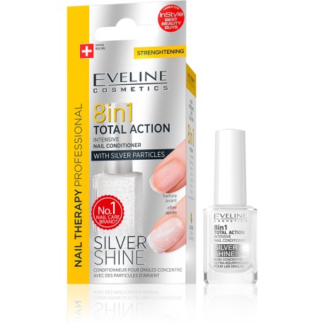 Eveline 8 in 1 Total Action// Nail Conditioner with Silver Particles// Silver Shine