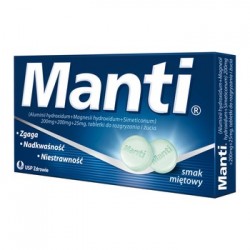 MANTI , tabletki do rozgryzania i żucia, smak miętowy // Zgaga, Nadkwasnosc,  Niestrawnosc // 32 tab.