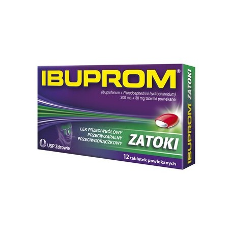 Ibuprom Zatoki, 200 mg + 30 mg,//  lek przeciwbolowy, przeciwzapalny, przeciwgoraczkowy // 12 tabletek powlekanych