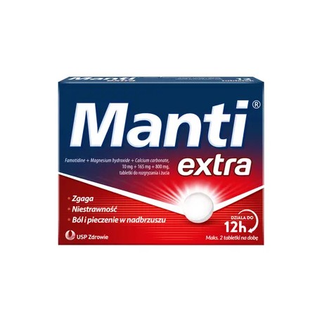 Manti Extra, tabletki do rozgryzania i żucia //  Nadkwaśność, niestrawność, zgaga // 12 tab.