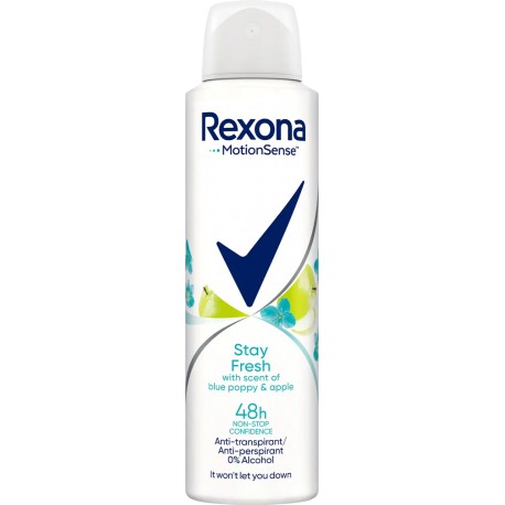 Rexona Motion sense // Stay Fresh with scent of Blue Poppy & Apple! //  48 h Anti-perspirant  , 0% Alcohol // 150 ml.