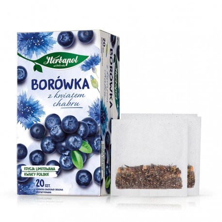 Borówka z kwiatem chabru Herbatka owocowo-ziołowa, aromatyzowana. // Zawartość opakowania: 46 g (20 torebek x 2,3 g)