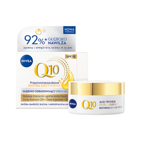 Nivea  Q10 EKSTRA ODŻYWIENIE Przeciwzmarszczkowy i głęboko odbudowujący krem na dzień SPF 15 //  50 ml.