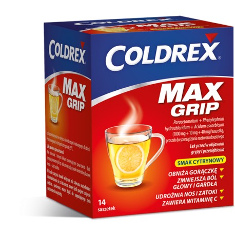 Coldrex MaxGrip,  smak cytrynowy, // fenylefryna, paracetamol, witamina c, saszetki, ból, gorączka, grypa //10 sasz.
